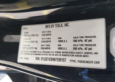 2019 Tesla Model 3 Long Range/Performance from USA, damaged, VIN 5YJ3E1EB9KF209157